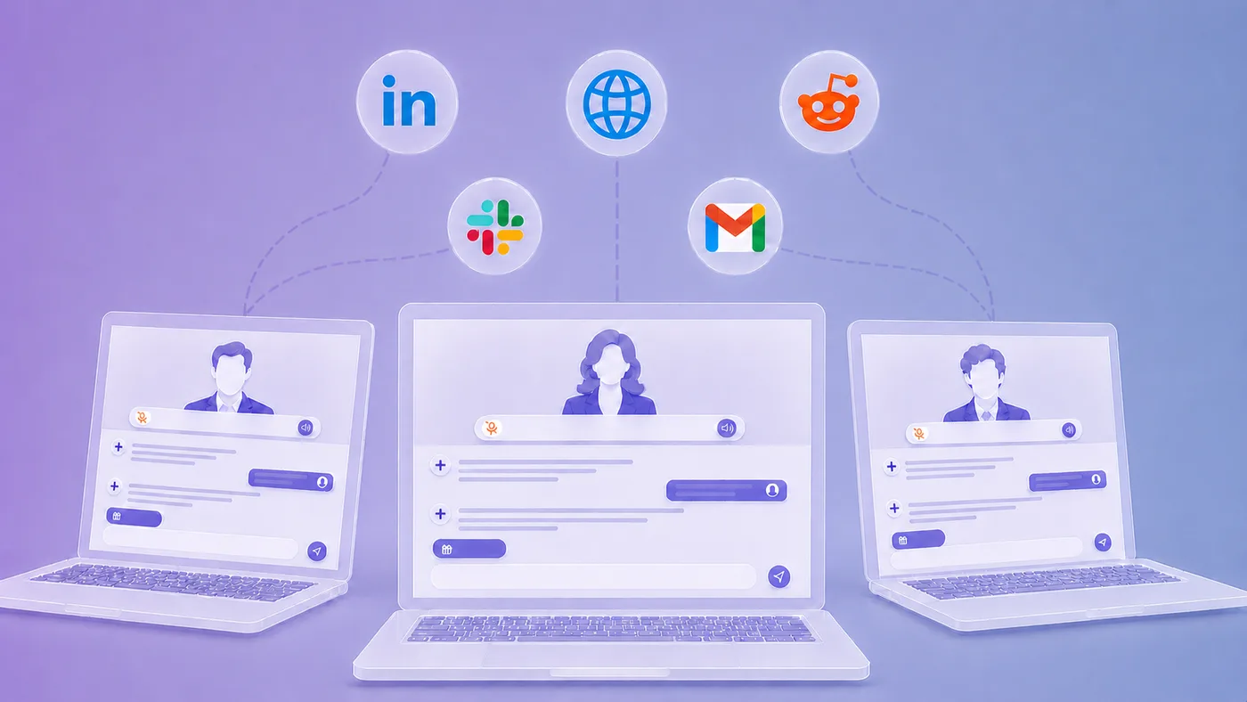 Agent conversations on three laptops, connected to LinkedIn, Slack, the web, email, and Reddit