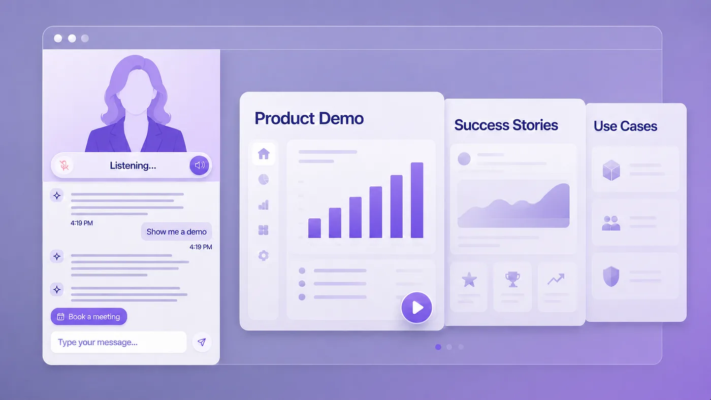 Polly guiding a buyer through a product demo, success stories, and use cases